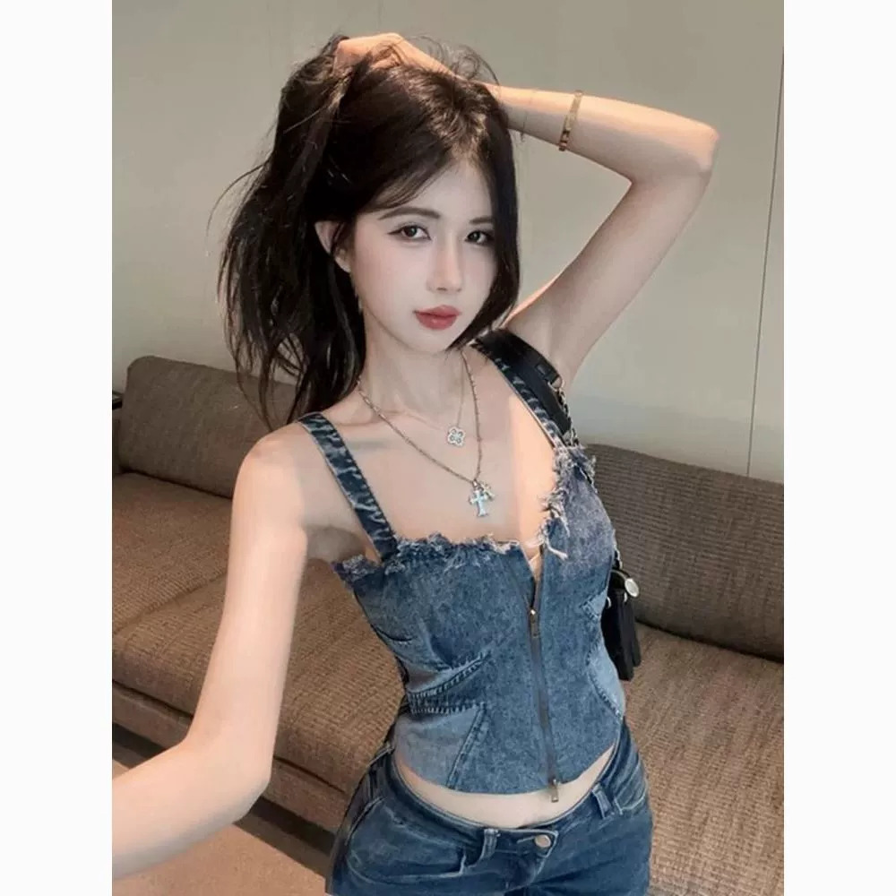 Zara Y2K Denim Zip-Up Vest Frayed Hem Sleeveless Top